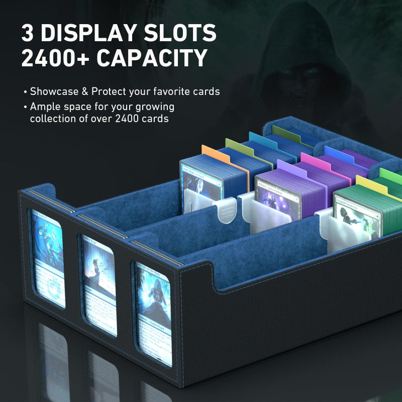 SENVINI 3-Row Trading Card Storage Box, Bulk Cards Case for 2400+ Mtg tcg Magic Playing Game Card Organizer, Commander Deck Box with 3 Supports & 24 Dividers - Image 2