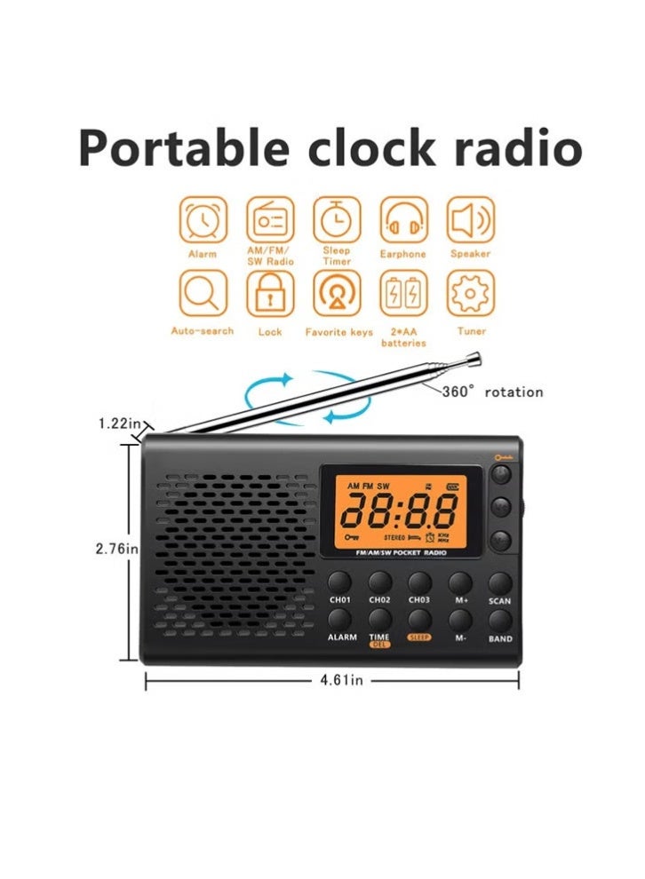 PCOMORE Portable Digital AM/FM/SW Multi-Band Radio Receiver with Large LCD Display, DSP Signal, Battery Operated Clock Radio with Alarm, Sleep Timer & Earphone for Home, Travel & Emergency Use - Image 2