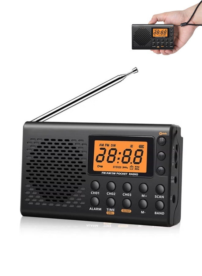 PCOMORE Portable Digital AM/FM/SW Multi-Band Radio Receiver with Large LCD Display, DSP Signal, Battery Operated Clock Radio with Alarm, Sleep Timer & Earphone for Home, Travel & Emergency Use - Image 1