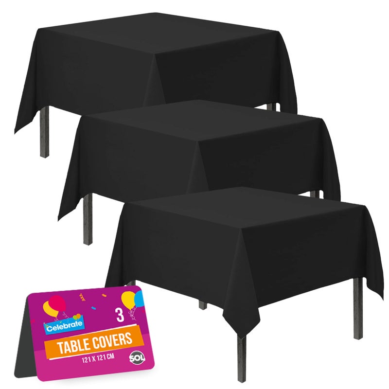 SOL 3pk Black Table Cloth Party 121x121cm Plastic Cover Tablecloth Disposable for Parties  Heavy Duty Spill Protection  Opaque Square Design  Multipurpose for Weddings Catering  Buffets