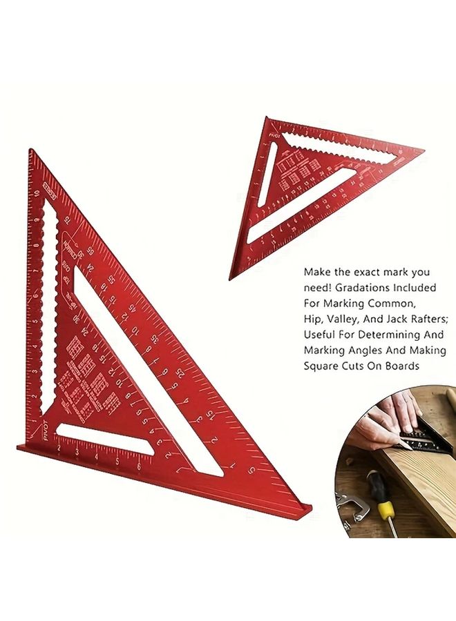12 Inch Red Aluminum Alloy Triangle Ruler Precision Woodworking Measuring Tool Angle Bevel Metric Scale Durable Metal Construction - Image 1