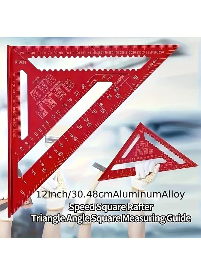 12 Inch Red Aluminum Alloy Triangle Ruler Precision Woodworking Measuring Tool Angle Bevel Metric Scale Durable Metal Construction - Image 5