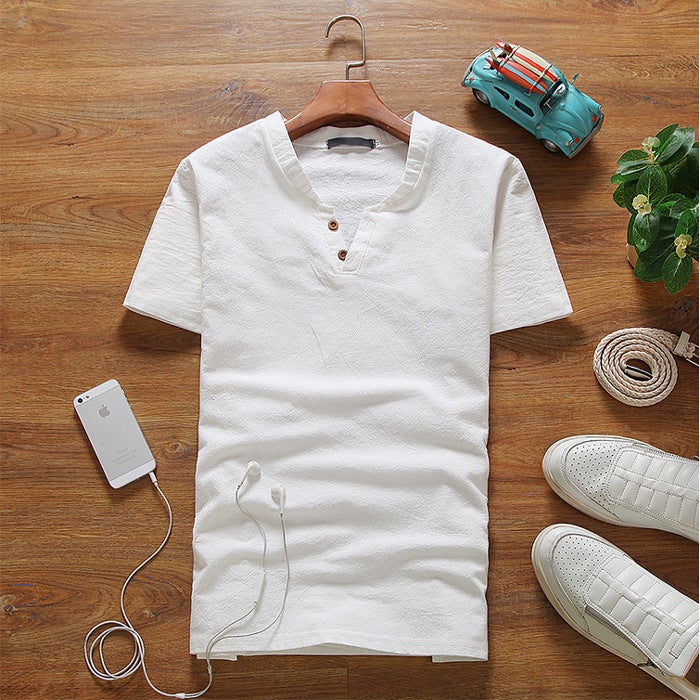 T-shirt Men''s 2023 Summer New Men''s Cotton and Linen Short-sleeved Linen Top Men''s Japanese Style Large Size Fashionable All-match Men''s Clothing - Image 1