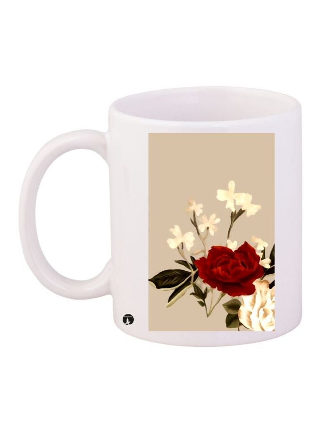 RYN Rose Printed Ceramic Coffee Mug White/Beige/Red 11ounce