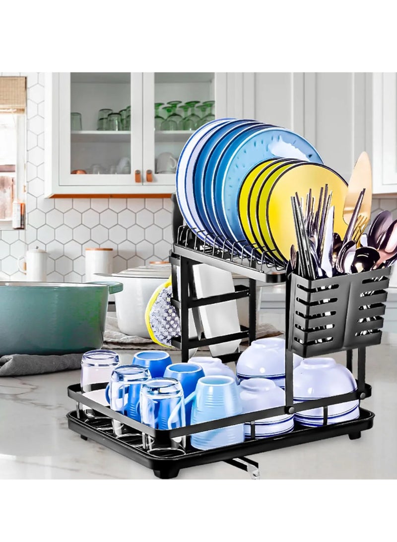 ريكو رف تجفيف الأطباق بطبقتين، رف أطباق مع حامل أواني ومصفاة أطباق صينية المياه لحامل المطبخ، منظم تخزين كبير مقاوم للصدأ مع منفذ مياه قابل للتعديل لعداد المطبخ - Image 2