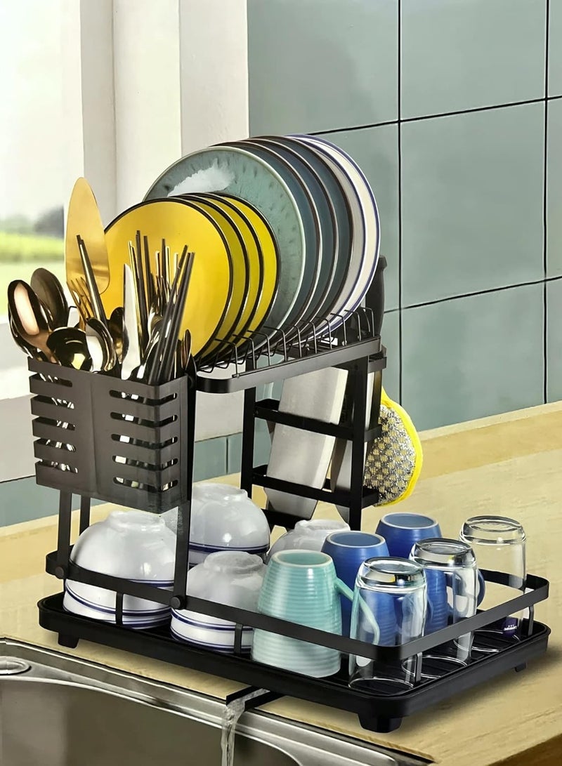 ريكو رف تجفيف الأطباق بطبقتين، رف أطباق مع حامل أواني ومصفاة أطباق صينية المياه لحامل المطبخ، منظم تخزين كبير مقاوم للصدأ مع منفذ مياه قابل للتعديل لعداد المطبخ - Image 3