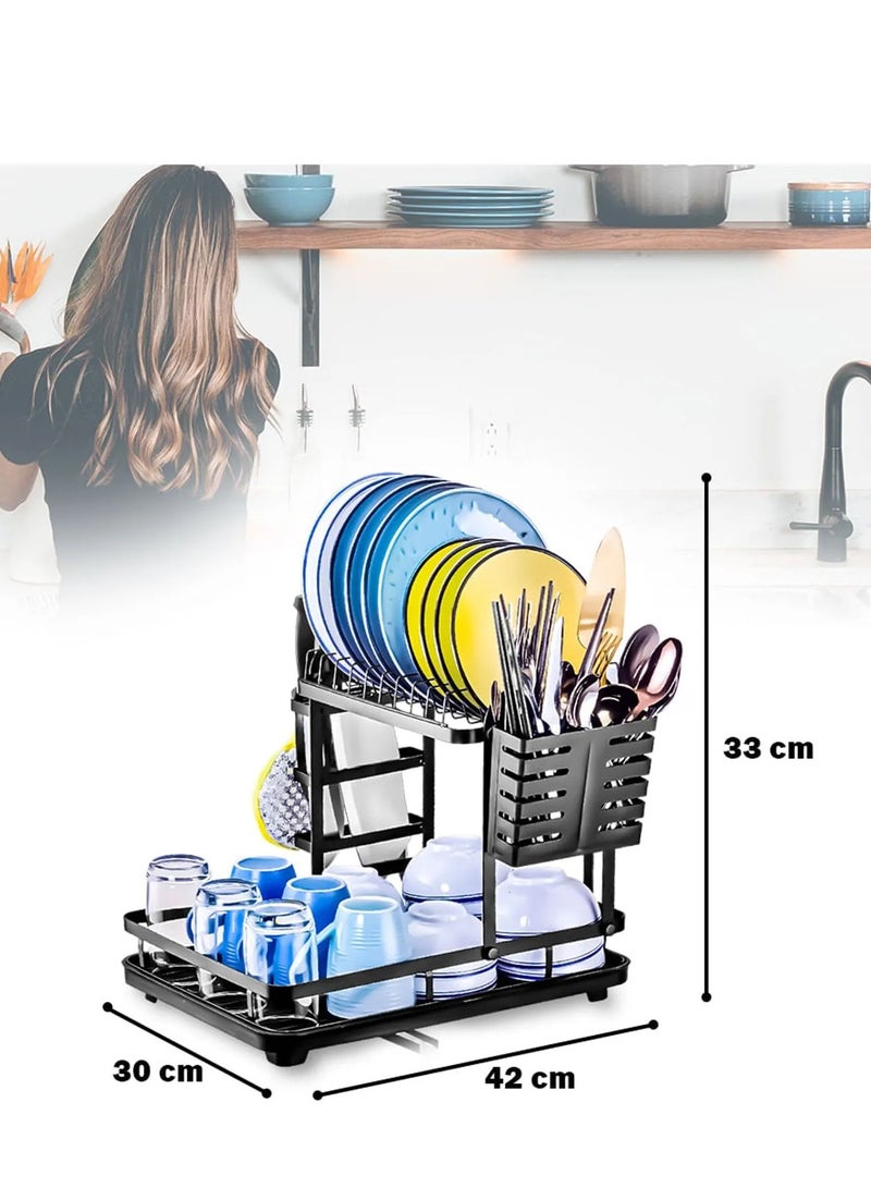 ريكو رف تجفيف الأطباق بطبقتين، رف أطباق مع حامل أواني ومصفاة أطباق صينية المياه لحامل المطبخ، منظم تخزين كبير مقاوم للصدأ مع منفذ مياه قابل للتعديل لعداد المطبخ - Image 5