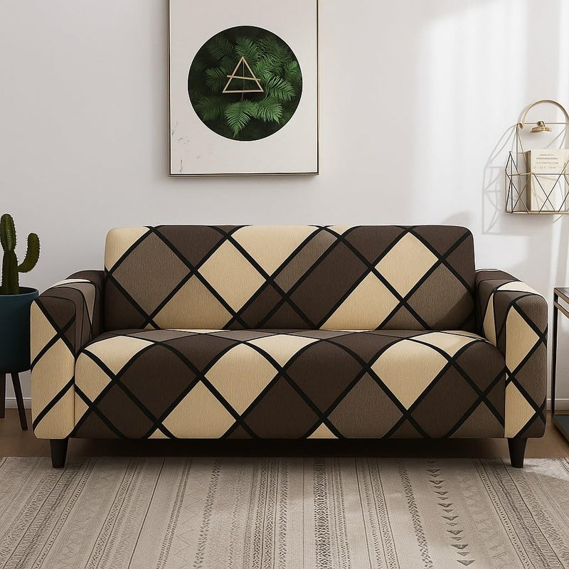 Outlay Home Gorgeous Printed | Fully Covered, Stretchable & Non-Slip Elastic Slipcover Protector Sofa Cover (Brown Check, 3 Seater - Sofa Cover) - Image 5