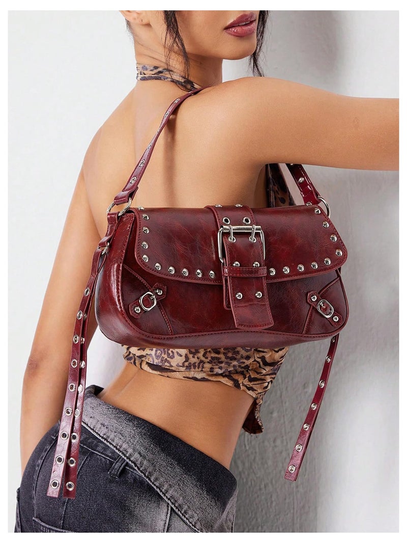 MakeMeChic Women's Shoulder Bags Y2K PU Leather Clutch Small Purse Hobo Bags Burgundy One-Size - Image 3