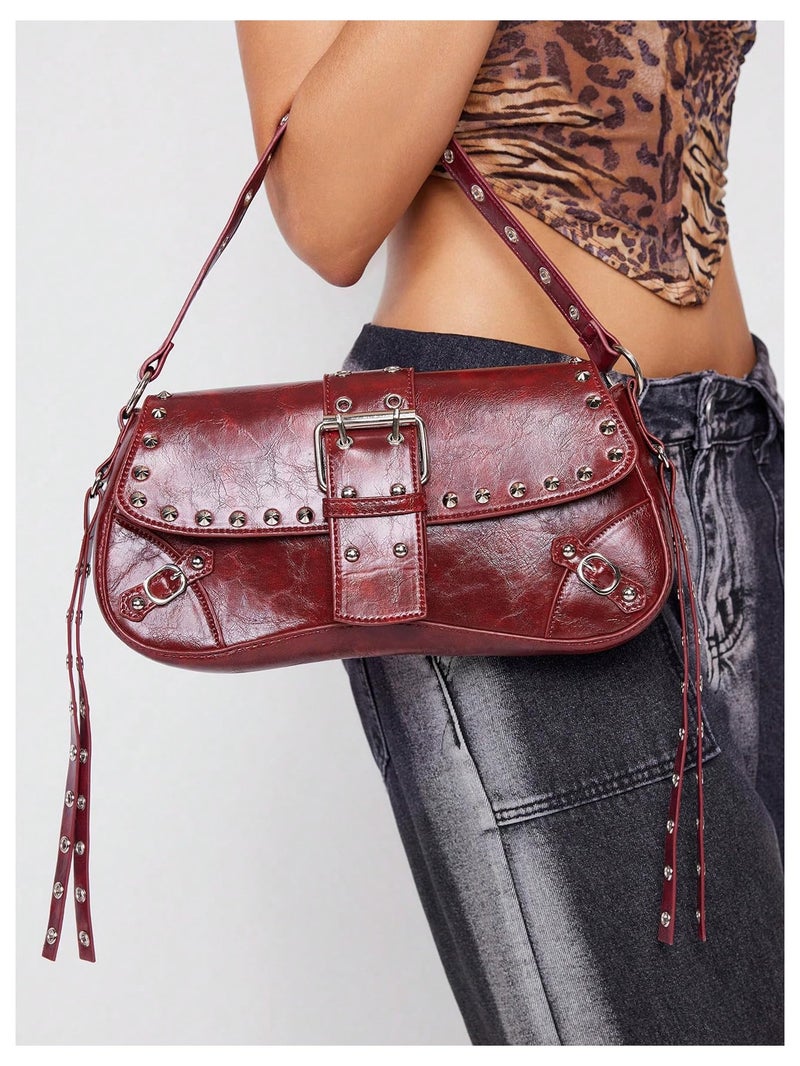 MakeMeChic Women's Shoulder Bags Y2K PU Leather Clutch Small Purse Hobo Bags Burgundy One-Size - Image 2