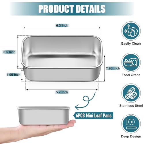P&P CHEF PP CHEF Mini Loaf Pans Set 6 PCS Small Bread Loaf Pan for Baking 63 x 35 Inch Stainless Steel Baking Pans for Homemade Bread Meatloaf Cake and Brownies Healthy Non Toxic Dishwasher Safe - Image 3