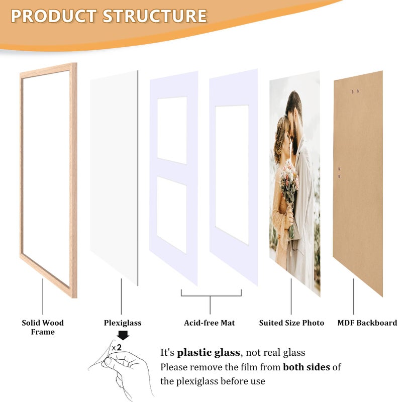 ATOBART 11x14 Picture Frame  OAK Wood Photo Frame 8x10 with Mat or 5x7 with 2 Mat with Perspex Glass for Vertical or Horizontal Tabletop Wall Display for Photo  Painting  Poster  Set of 2 - Image 4
