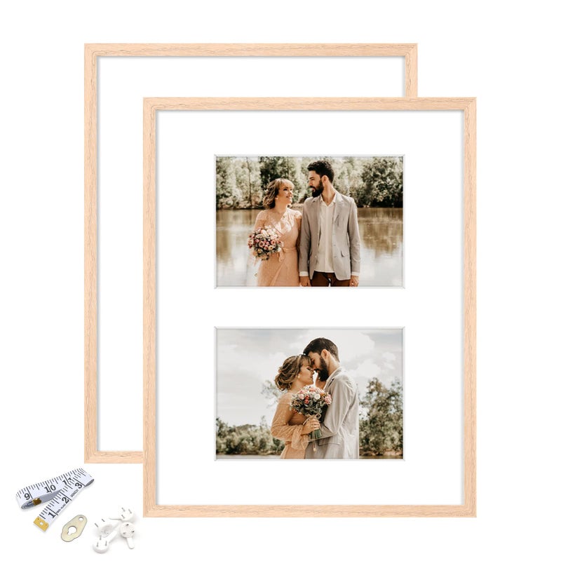 ATOBART 11x14 Picture Frame  OAK Wood Photo Frame 8x10 with Mat or 5x7 with 2 Mat with Perspex Glass for Vertical or Horizontal Tabletop Wall Display for Photo  Painting  Poster  Set of 2 - Image 1