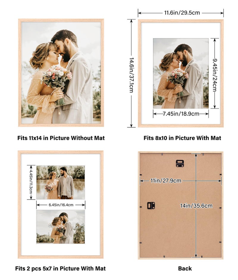 ATOBART 11x14 Picture Frame  OAK Wood Photo Frame 8x10 with Mat or 5x7 with 2 Mat with Perspex Glass for Vertical or Horizontal Tabletop Wall Display for Photo  Painting  Poster  Set of 2 - Image 2