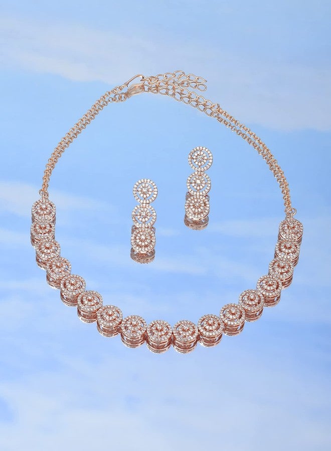 Ami Rose Gold Dazzling Cubic Zirconia Contemporary Necklace and Earring Set For Women-ZPFK20319 - Image 3