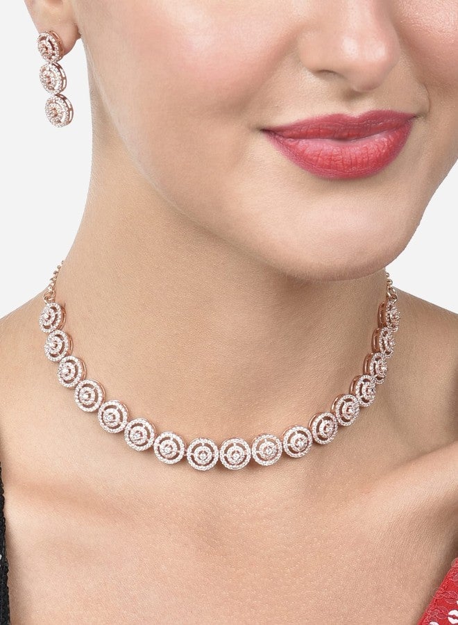 Ami Rose Gold Dazzling Cubic Zirconia Contemporary Necklace and Earring Set For Women-ZPFK20319 - Image 2