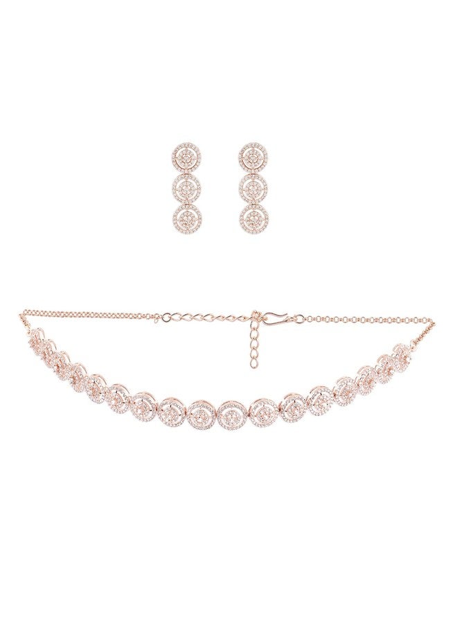 Ami Rose Gold Dazzling Cubic Zirconia Contemporary Necklace and Earring Set For Women-ZPFK20319 - Image 1