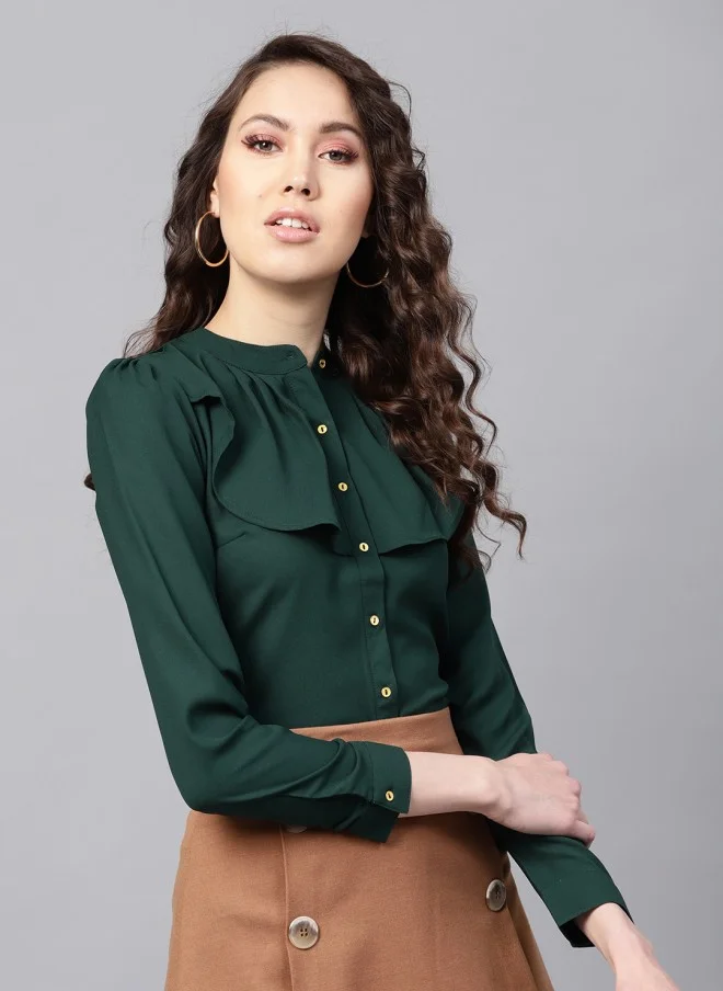 ساسافراس بلوزة نسائية بتصميم مكشكش باللون الأخضر