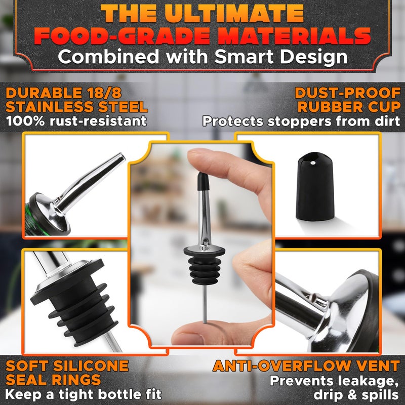 DIMROM 12Pcs Stainless Steel Liquor Pour Spout Covers - Leak-Resistant Alcohol Pour Spouts for Liquor Bottles, Oil Topper for Bottle with Silicone Seal Rings & Rubber Cups - Olive Oil Spouts for Bottles - Image 3