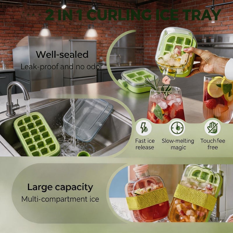 2-in-1 Ice Cube Tray Water Bottle with Straw, Easy Press Vertical Ice Maker, Leak Proof Lid, for Travel, Gym and Home Use (Green, 800) - Image 3