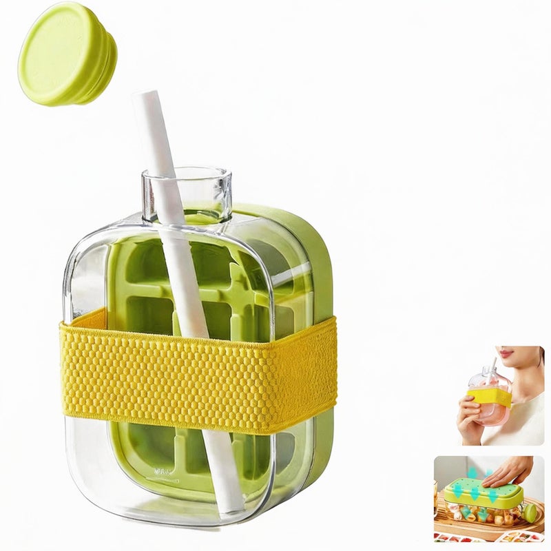 2-in-1 Ice Cube Tray Water Bottle with Straw, Easy Press Vertical Ice Maker, Leak Proof Lid, for Travel, Gym and Home Use (Green, 800) - Image 1