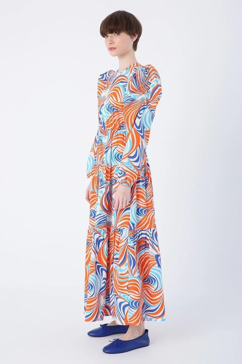 Allday ORANGE-SAKS- Cotton Sleeves Waist Gather Detail Zipper Closure Ruffle Dress