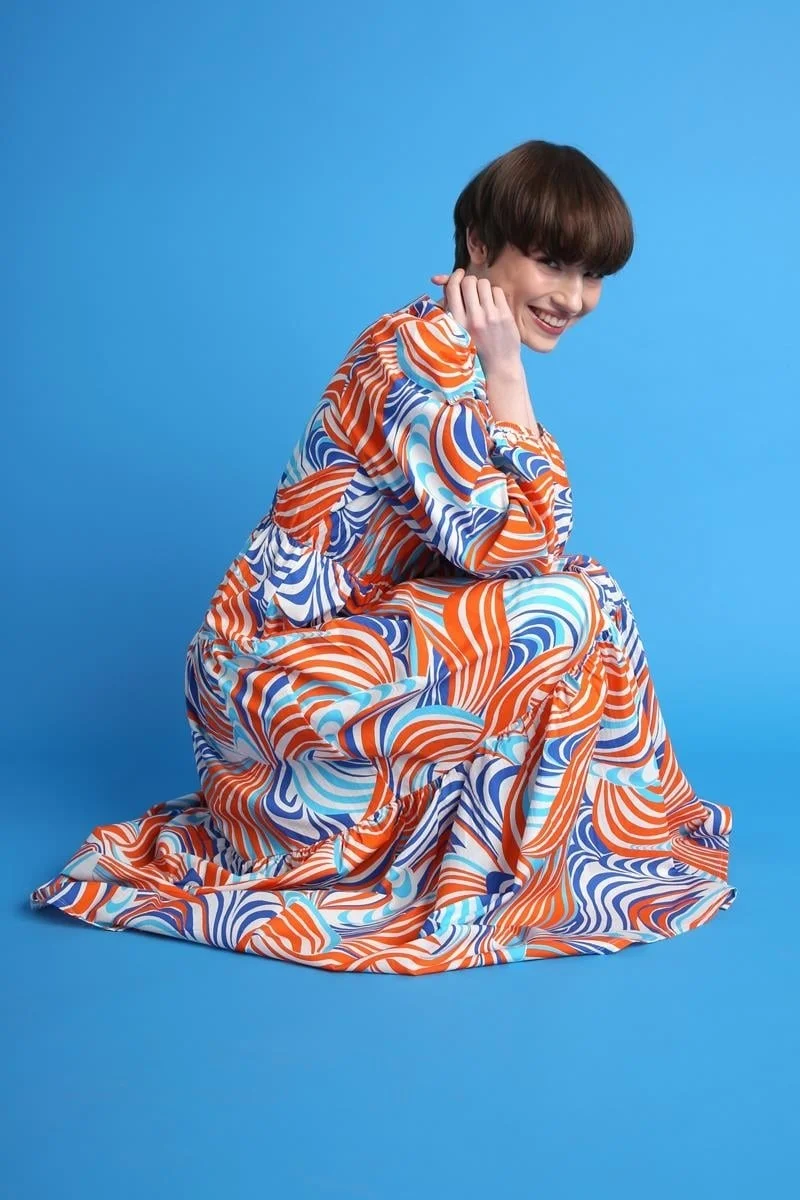 Allday ORANGE-SAKS- Cotton Sleeves Waist Gather Detail Zipper Closure Ruffle Dress