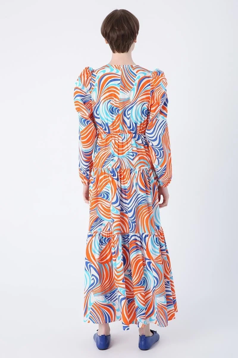 Allday ORANGE-SAKS- Cotton Sleeves Waist Gather Detail Zipper Closure Ruffle Dress