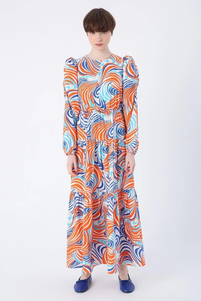 Allday ORANGE-SAKS- Cotton Sleeves Waist Gather Detail Zipper Closure Ruffle Dress