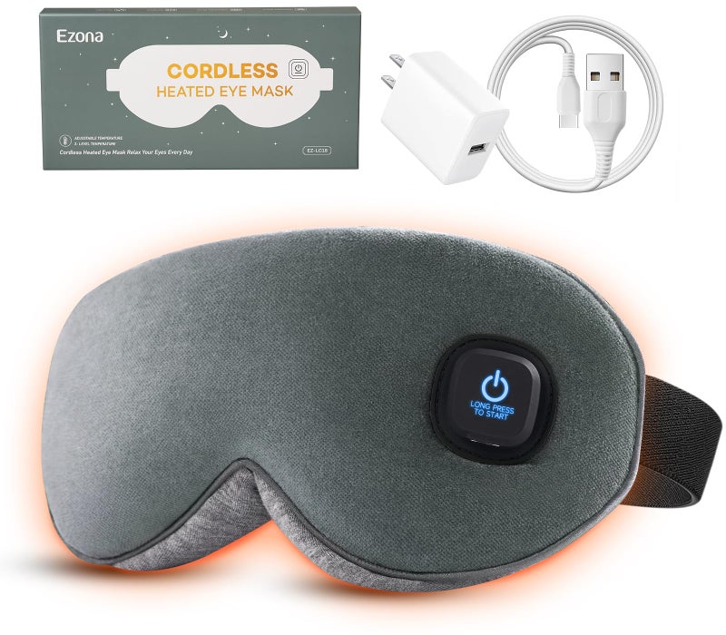 Ezona Cotton Cordless Heated Eye Mask, 2000mAh Warm Eye Compress Mask for Dry Eyes, Washable Eye Heating Pad for Travel, MGD,Blepharitis, Sinus Migraine with 10W Chargerï¼ˆGrayï¼‰ - Image 1