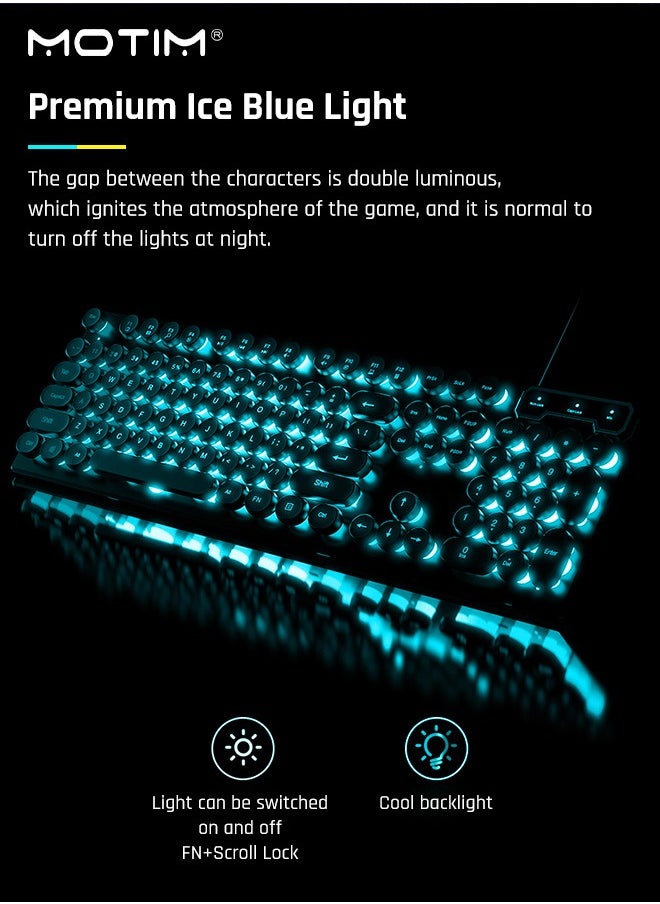 104-Key Mechanical Gaming Keyboard (Gaming Mouse) with Ice Blue Backlit, Waterproof Wired RGB Color with Retro Round Keycap, Writertype Keyboard Suitable for Computer/Ps4/Xbox Gamers