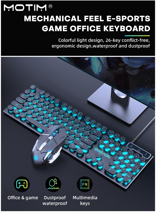 104-Key Mechanical Gaming Keyboard (Gaming Mouse) with Ice Blue Backlit, Waterproof Wired RGB Color with Retro Round Keycap, Writertype Keyboard Suitable for Computer/Ps4/Xbox Gamers