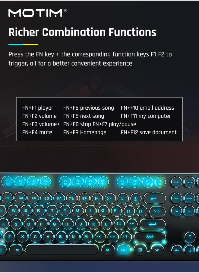 104-Key Mechanical Gaming Keyboard (Gaming Mouse) with Ice Blue Backlit, Waterproof Wired RGB Color with Retro Round Keycap, Writertype Keyboard Suitable for Computer/Ps4/Xbox Gamers