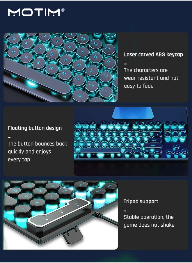 104-Key Mechanical Gaming Keyboard (Gaming Mouse) with Ice Blue Backlit, Waterproof Wired RGB Color with Retro Round Keycap, Writertype Keyboard Suitable for Computer/Ps4/Xbox Gamers