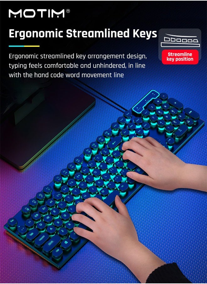 104-Key Mechanical Gaming Keyboard (Gaming Mouse) with Ice Blue Backlit, Waterproof Wired RGB Color with Retro Round Keycap, Writertype Keyboard Suitable for Computer/Ps4/Xbox Gamers
