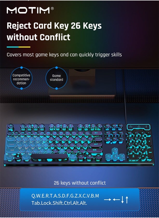 104-Key Mechanical Gaming Keyboard (Gaming Mouse) with Ice Blue Backlit, Waterproof Wired RGB Color with Retro Round Keycap, Writertype Keyboard Suitable for Computer/Ps4/Xbox Gamers