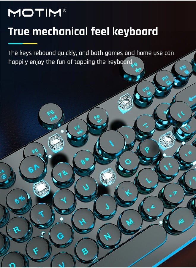 104-Key Mechanical Gaming Keyboard (Gaming Mouse) with Ice Blue Backlit, Waterproof Wired RGB Color with Retro Round Keycap, Writertype Keyboard Suitable for Computer/Ps4/Xbox Gamers