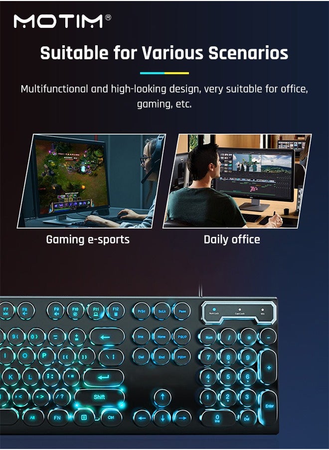 104-Key Mechanical Gaming Keyboard (Gaming Mouse) with Ice Blue Backlit, Waterproof Wired RGB Color with Retro Round Keycap, Writertype Keyboard Suitable for Computer/Ps4/Xbox Gamers
