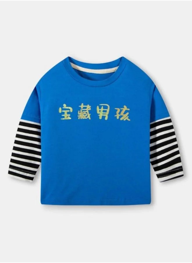 YUNIQEE Blue Printed Long Sleeve Crew Neck T-Shirt
