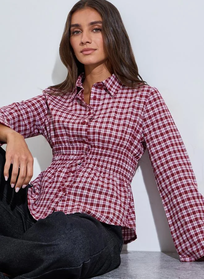 ستايلي Maroon Checked Waist Long Sleeves Shirred Shirt