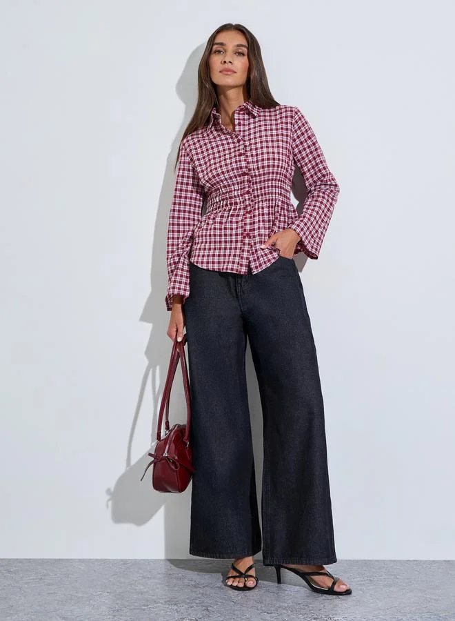 ستايلي Maroon Checked Waist Long Sleeves Shirred Shirt