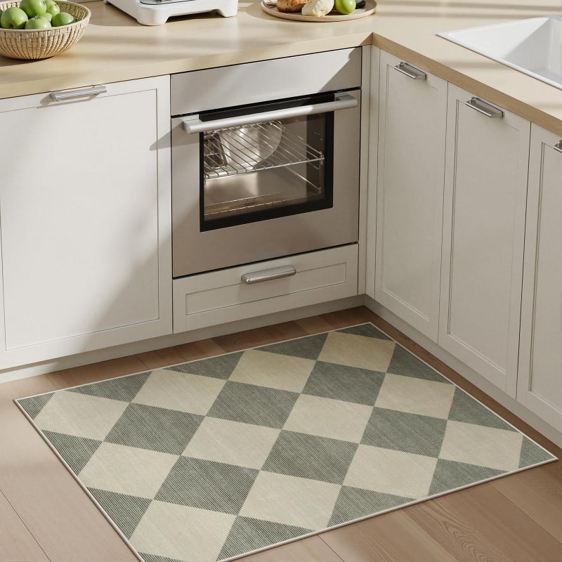 Beeiva Checkered Washable Entryway Rug 2x3, Non Slip Ultra Thin Green Front Door Mat Indoor Entrance Low Pile Small Kitchen Rug, Moroccan Contemporary Decor Neutral Accent Carpet for Bedroom Bathroom - Image 2