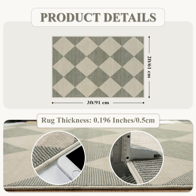 Beeiva Checkered Washable Entryway Rug 2x3, Non Slip Ultra Thin Green Front Door Mat Indoor Entrance Low Pile Small Kitchen Rug, Moroccan Contemporary Decor Neutral Accent Carpet for Bedroom Bathroom - Image 5