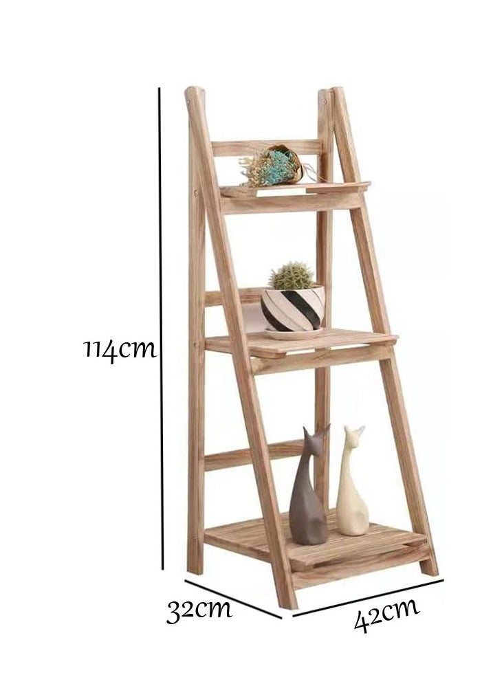 Generic FFD 3-Tier Foldable Wooden Ladder Shelf Multi-Functional Storage Rack & Organizer No Assembly, Portable Design for Books, Plants, Décor Compact Solid Wood Construction, 42 x 32 x 114 cm,  - Image 2