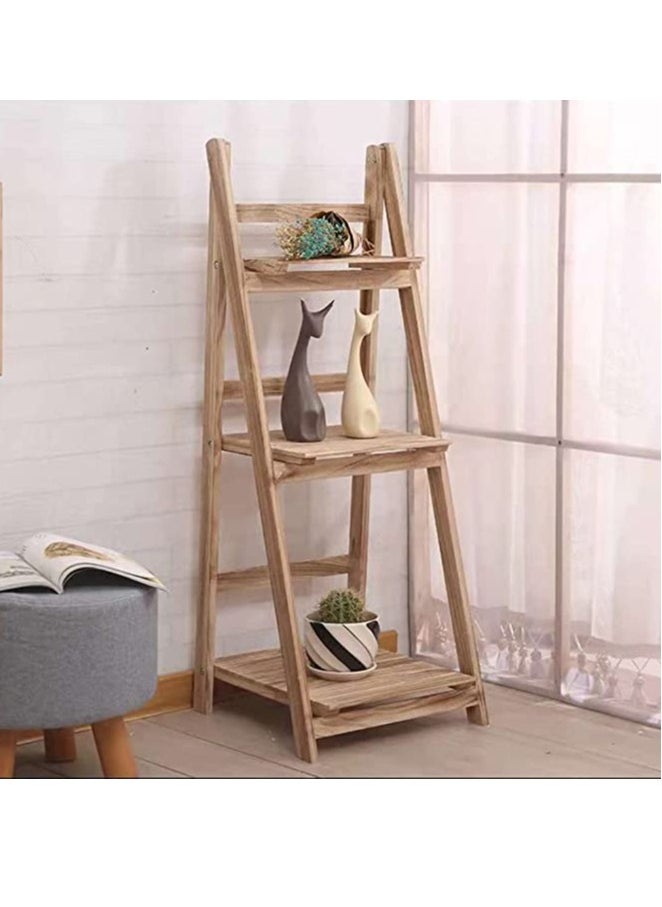Generic FFD 3-Tier Foldable Wooden Ladder Shelf Multi-Functional Storage Rack & Organizer No Assembly, Portable Design for Books, Plants, Décor Compact Solid Wood Construction, 42 x 32 x 114 cm,  - Image 1