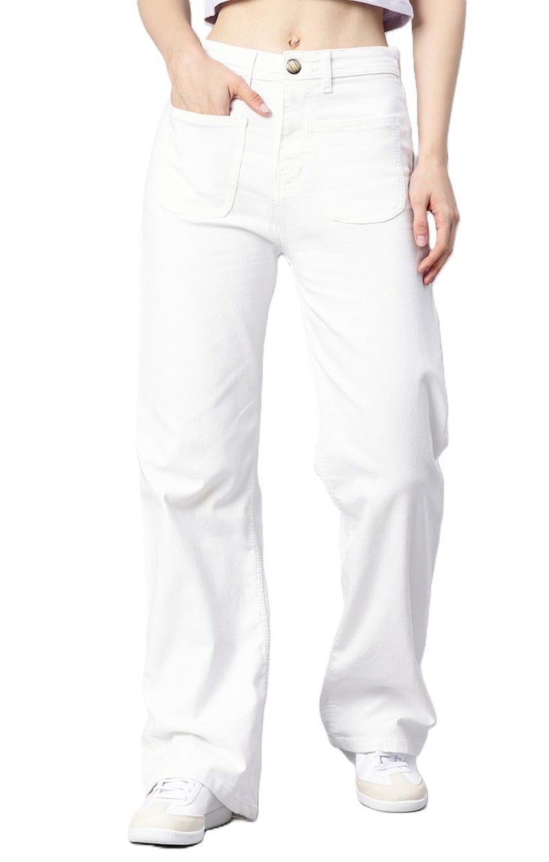 ADBUCKS Women High Rise Baggy Jeans II High Waisted Stretchy Loose Trendy Denim Pants with Pocket II Flared II Wide Leg II Bell Bottom White, 32 - Image 1