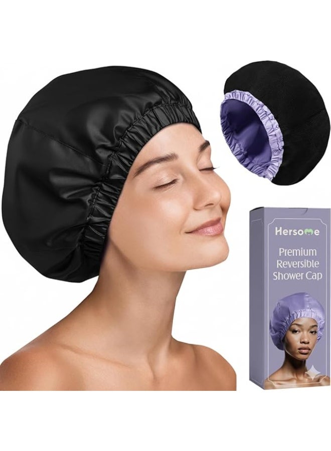 Hersome Premium Shower Cap Women Long Hair Reusable 100 Percent Waterproof Double Sided Curls Anti Frizz Fabric Terry Lined Black - Image 1