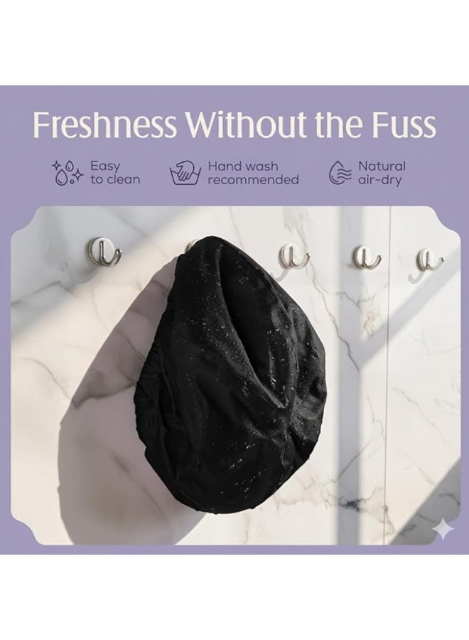 Hersome Premium Shower Cap Women Long Hair Reusable 100 Percent Waterproof Double Sided Curls Anti Frizz Fabric Terry Lined Black - Image 4