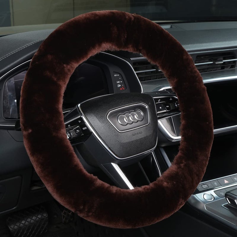 OGLAND Fluffy Fur Wool Sheepskin car Steering Wheel Cover, Fuzzy Protector for Universal Steering Wheel 15inch, Anti-Slip,Comforting and Luxurious, Soft Texture (Mocha) - Image 1