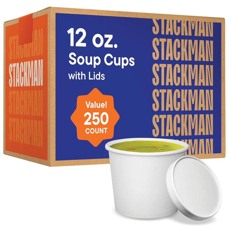 Stack Man Paper Food Container with Lid, Insulated Food Cups with Vented Lids - Hot or Cold To Go Soup Cup, for Soups, Ice Cream and Yogurt - Eco-Friendly - White - Image 1